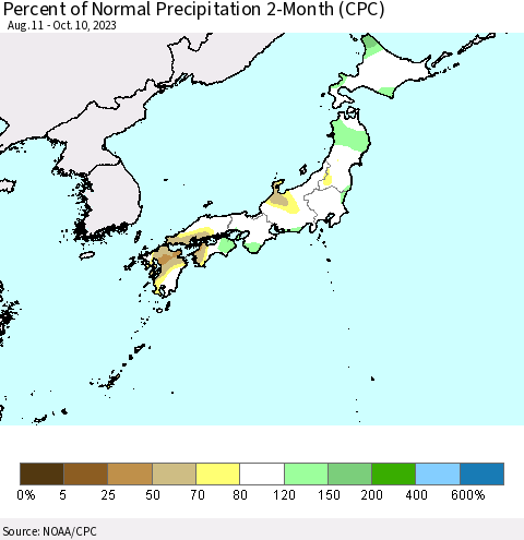 Japan Percent of Normal Precipitation 2-Month (CPC) Thematic Map For 8/11/2023 - 10/10/2023