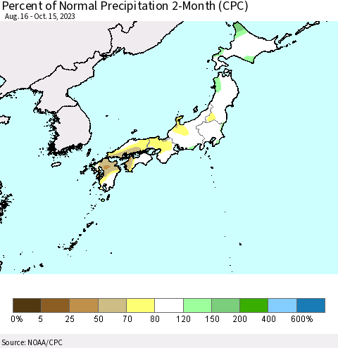 Japan Percent of Normal Precipitation 2-Month (CPC) Thematic Map For 8/16/2023 - 10/15/2023