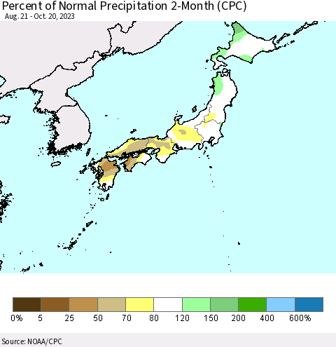 Japan Percent of Normal Precipitation 2-Month (CPC) Thematic Map For 8/21/2023 - 10/20/2023