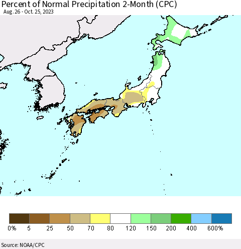 Japan Percent of Normal Precipitation 2-Month (CPC) Thematic Map For 8/26/2023 - 10/25/2023