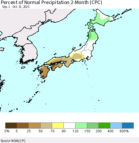 Japan Percent of Normal Precipitation 2-Month (CPC) Thematic Map For 9/1/2023 - 10/31/2023