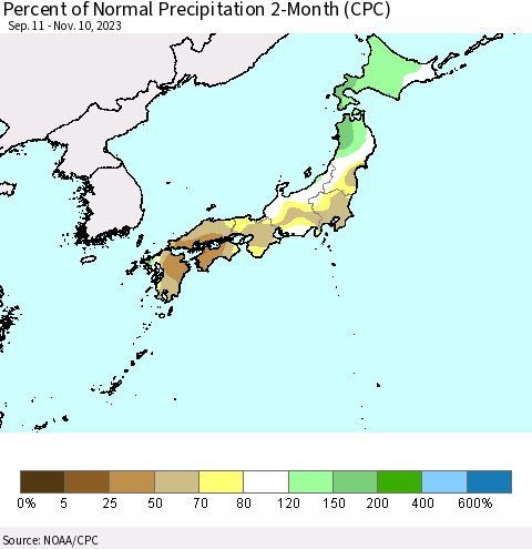 Japan Percent of Normal Precipitation 2-Month (CPC) Thematic Map For 9/11/2023 - 11/10/2023