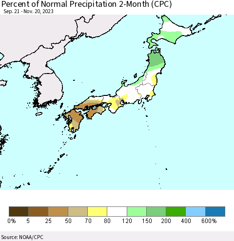 Japan Percent of Normal Precipitation 2-Month (CPC) Thematic Map For 9/21/2023 - 11/20/2023