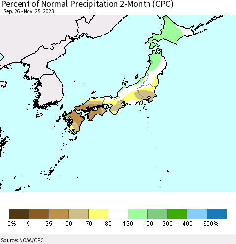 Japan Percent of Normal Precipitation 2-Month (CPC) Thematic Map For 9/26/2023 - 11/25/2023