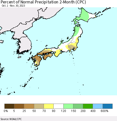 Japan Percent of Normal Precipitation 2-Month (CPC) Thematic Map For 10/1/2023 - 11/30/2023