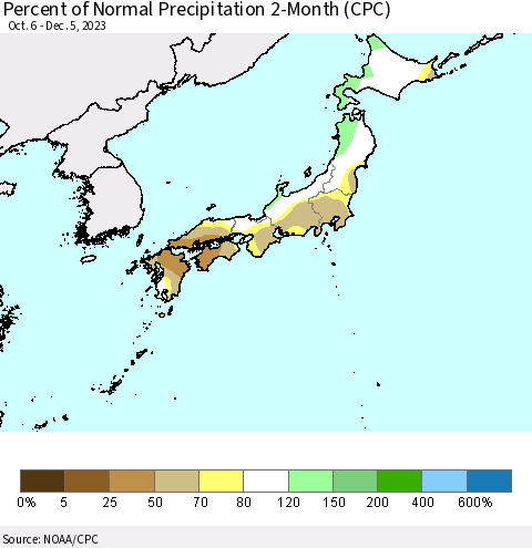 Japan Percent of Normal Precipitation 2-Month (CPC) Thematic Map For 10/6/2023 - 12/5/2023
