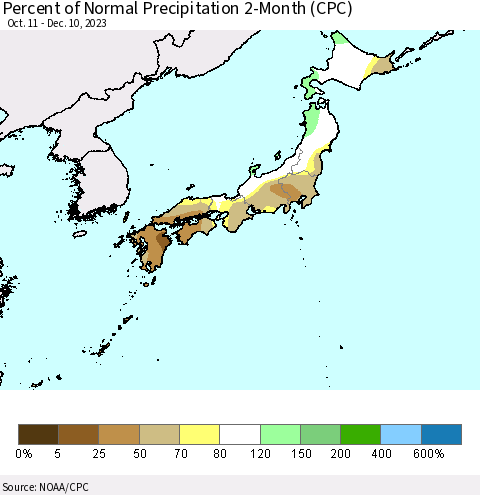 Japan Percent of Normal Precipitation 2-Month (CPC) Thematic Map For 10/11/2023 - 12/10/2023