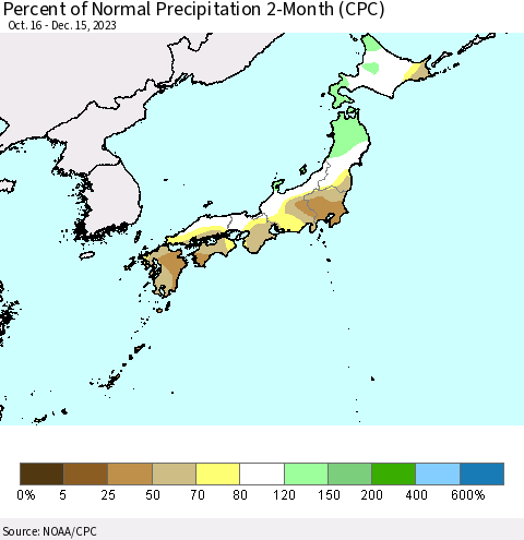 Japan Percent of Normal Precipitation 2-Month (CPC) Thematic Map For 10/16/2023 - 12/15/2023