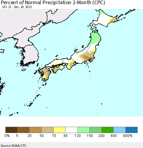 Japan Percent of Normal Precipitation 2-Month (CPC) Thematic Map For 10/21/2023 - 12/20/2023