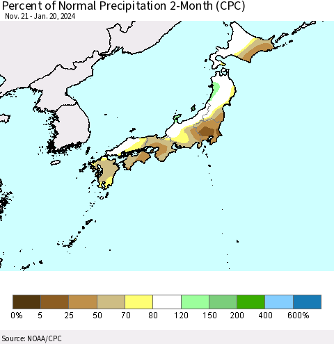 Japan Percent of Normal Precipitation 2-Month (CPC) Thematic Map For 11/21/2023 - 1/20/2024