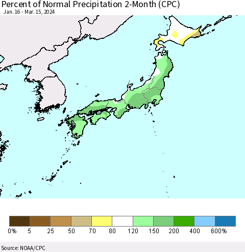 Japan Percent of Normal Precipitation 2-Month (CPC) Thematic Map For 1/16/2024 - 3/15/2024
