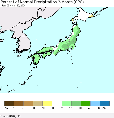 Japan Percent of Normal Precipitation 2-Month (CPC) Thematic Map For 1/21/2024 - 3/20/2024