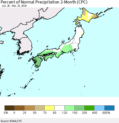 Japan Percent of Normal Precipitation 2-Month (CPC) Thematic Map For 1/26/2024 - 3/25/2024