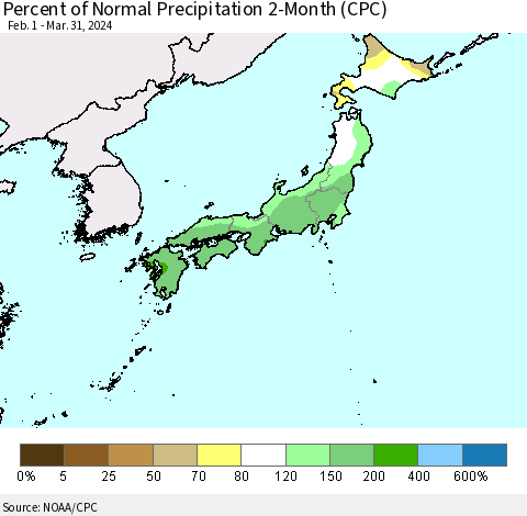 Japan Percent of Normal Precipitation 2-Month (CPC) Thematic Map For 2/1/2024 - 3/31/2024