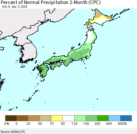 Japan Percent of Normal Precipitation 2-Month (CPC) Thematic Map For 2/6/2024 - 4/5/2024
