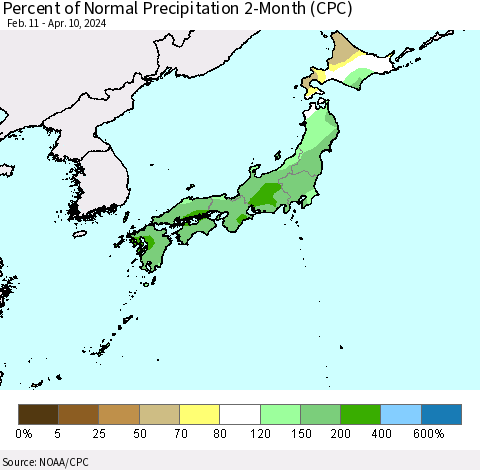 Japan Percent of Normal Precipitation 2-Month (CPC) Thematic Map For 2/11/2024 - 4/10/2024