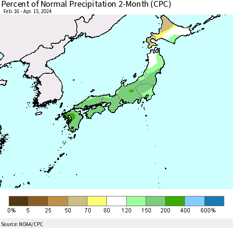 Japan Percent of Normal Precipitation 2-Month (CPC) Thematic Map For 2/16/2024 - 4/15/2024