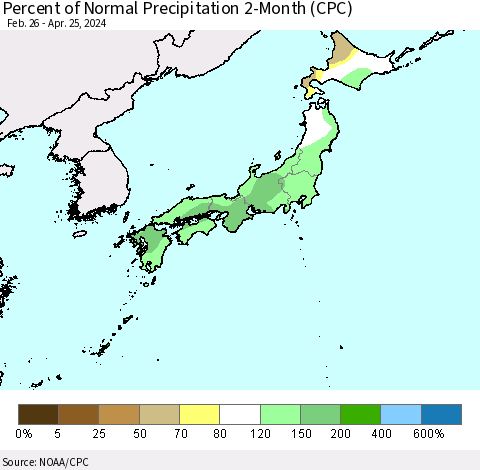 Japan Percent of Normal Precipitation 2-Month (CPC) Thematic Map For 2/26/2024 - 4/25/2024