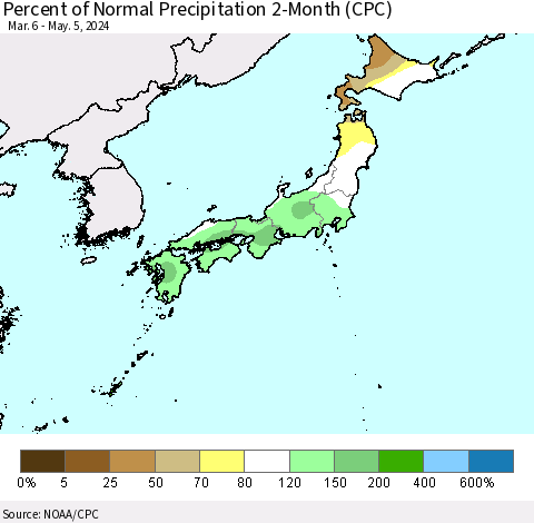 Japan Percent of Normal Precipitation 2-Month (CPC) Thematic Map For 3/6/2024 - 5/5/2024