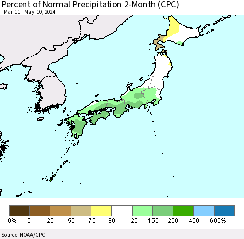 Japan Percent of Normal Precipitation 2-Month (CPC) Thematic Map For 3/11/2024 - 5/10/2024