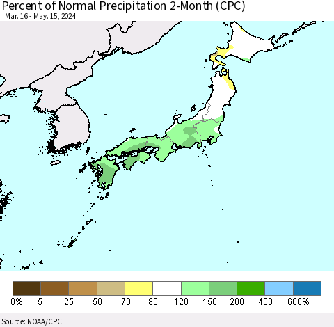 Japan Percent of Normal Precipitation 2-Month (CPC) Thematic Map For 3/16/2024 - 5/15/2024