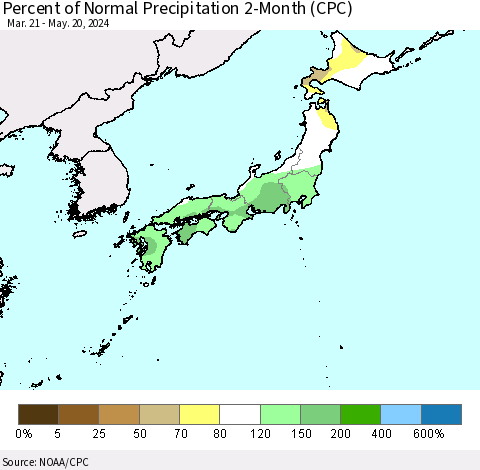 Japan Percent of Normal Precipitation 2-Month (CPC) Thematic Map For 3/21/2024 - 5/20/2024