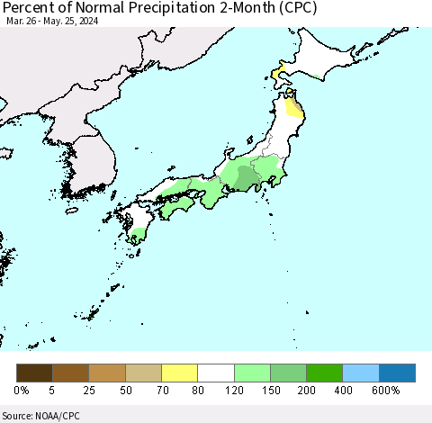 Japan Percent of Normal Precipitation 2-Month (CPC) Thematic Map For 3/26/2024 - 5/25/2024