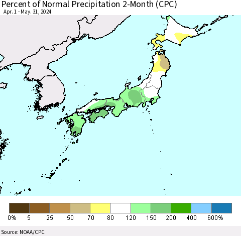 Japan Percent of Normal Precipitation 2-Month (CPC) Thematic Map For 4/1/2024 - 5/31/2024
