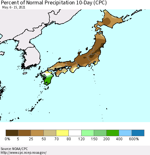 Japan Percent of Normal Precipitation 10-Day (CPC) Thematic Map For 5/6/2021 - 5/15/2021