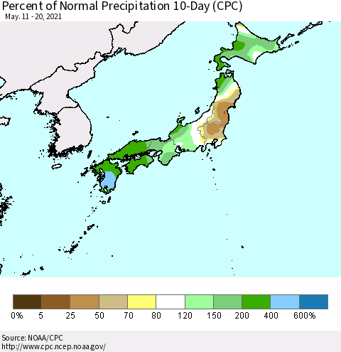 Japan Percent of Normal Precipitation 10-Day (CPC) Thematic Map For 5/11/2021 - 5/20/2021