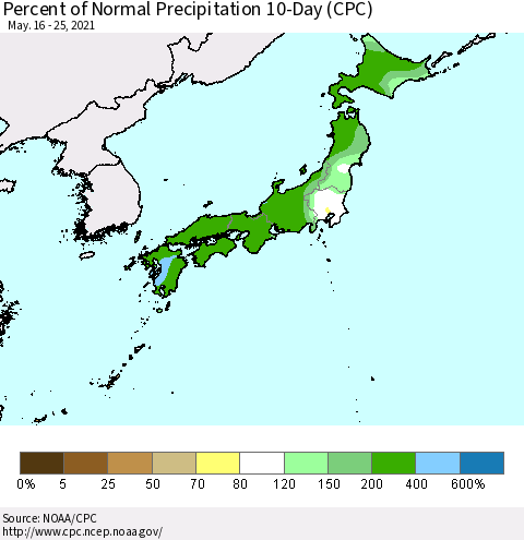 Japan Percent of Normal Precipitation 10-Day (CPC) Thematic Map For 5/16/2021 - 5/25/2021