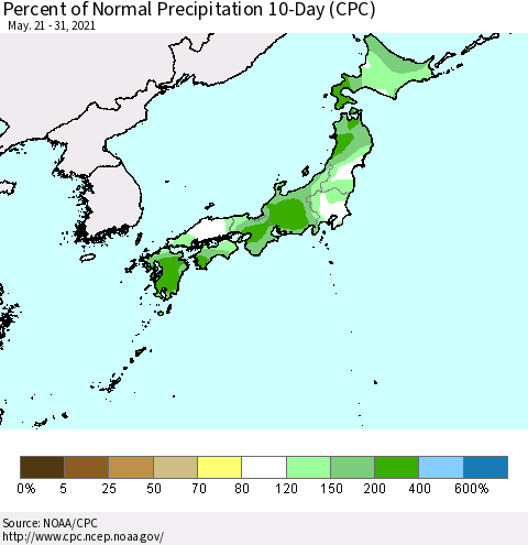 Japan Percent of Normal Precipitation 10-Day (CPC) Thematic Map For 5/21/2021 - 5/31/2021