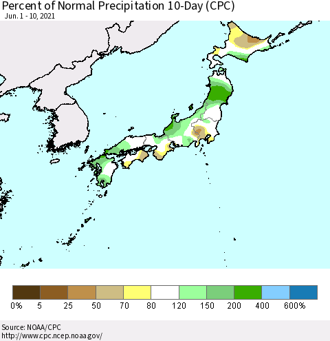 Japan Percent of Normal Precipitation 10-Day (CPC) Thematic Map For 6/1/2021 - 6/10/2021