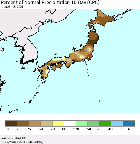 Japan Percent of Normal Precipitation 10-Day (CPC) Thematic Map For 6/6/2021 - 6/15/2021