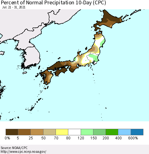 Japan Percent of Normal Precipitation 10-Day (CPC) Thematic Map For 7/21/2021 - 7/31/2021