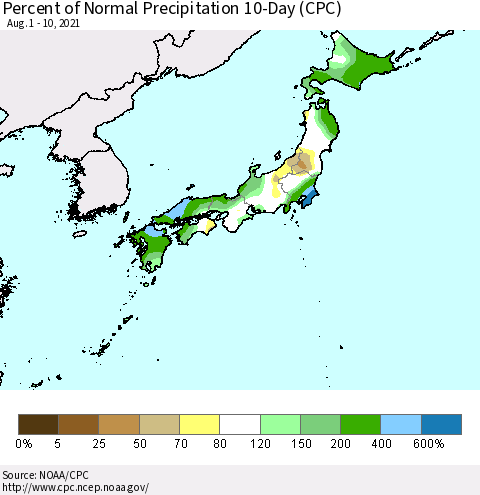 Japan Percent of Normal Precipitation 10-Day (CPC) Thematic Map For 8/1/2021 - 8/10/2021