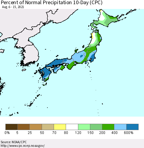 Japan Percent of Normal Precipitation 10-Day (CPC) Thematic Map For 8/6/2021 - 8/15/2021