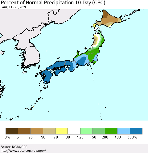 Japan Percent of Normal Precipitation 10-Day (CPC) Thematic Map For 8/11/2021 - 8/20/2021