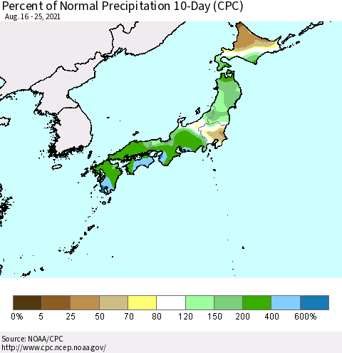 Japan Percent of Normal Precipitation 10-Day (CPC) Thematic Map For 8/16/2021 - 8/25/2021