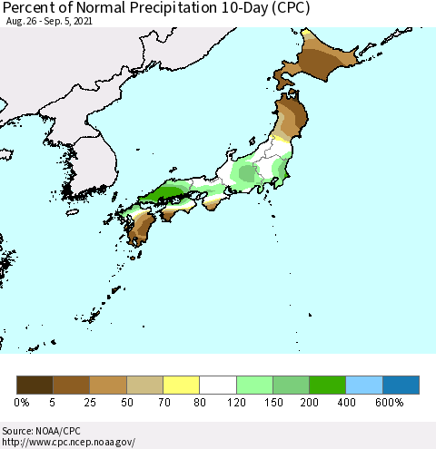 Japan Percent of Normal Precipitation 10-Day (CPC) Thematic Map For 8/26/2021 - 9/5/2021