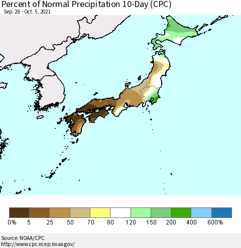 Japan Percent of Normal Precipitation 10-Day (CPC) Thematic Map For 9/26/2021 - 10/5/2021