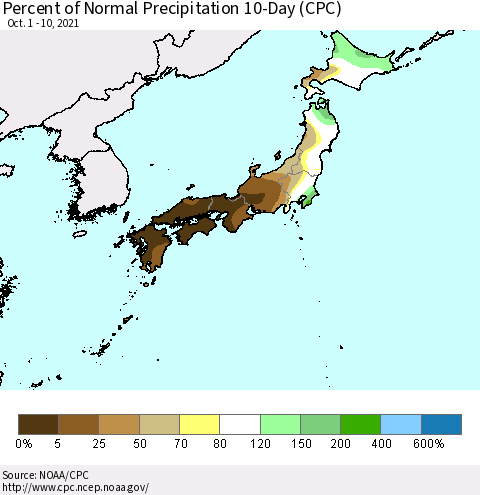 Japan Percent of Normal Precipitation 10-Day (CPC) Thematic Map For 10/1/2021 - 10/10/2021