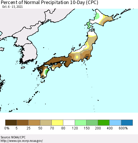 Japan Percent of Normal Precipitation 10-Day (CPC) Thematic Map For 10/6/2021 - 10/15/2021