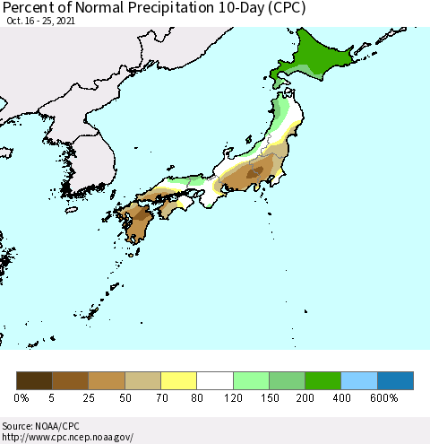 Japan Percent of Normal Precipitation 10-Day (CPC) Thematic Map For 10/16/2021 - 10/25/2021