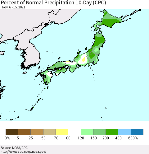 Japan Percent of Normal Precipitation 10-Day (CPC) Thematic Map For 11/6/2021 - 11/15/2021