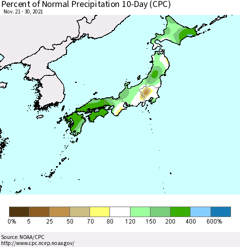 Japan Percent of Normal Precipitation 10-Day (CPC) Thematic Map For 11/21/2021 - 11/30/2021