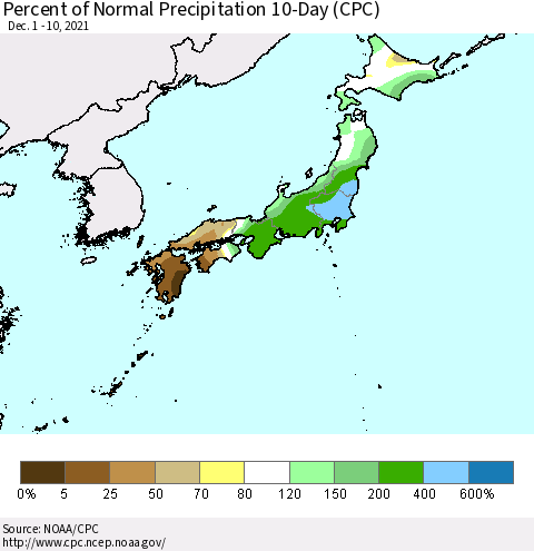 Japan Percent of Normal Precipitation 10-Day (CPC) Thematic Map For 12/1/2021 - 12/10/2021