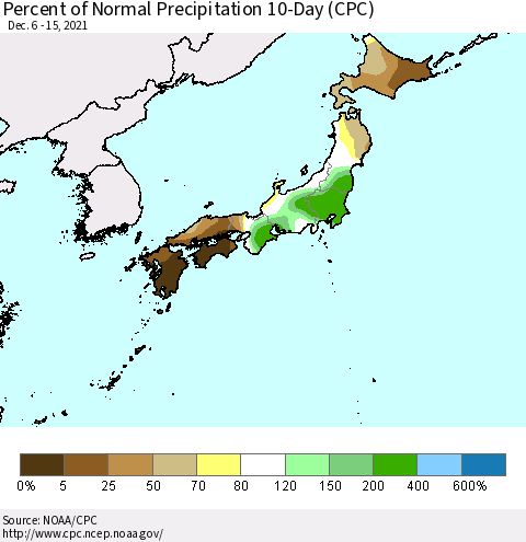 Japan Percent of Normal Precipitation 10-Day (CPC) Thematic Map For 12/6/2021 - 12/15/2021