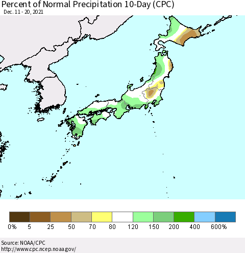 Japan Percent of Normal Precipitation 10-Day (CPC) Thematic Map For 12/11/2021 - 12/20/2021