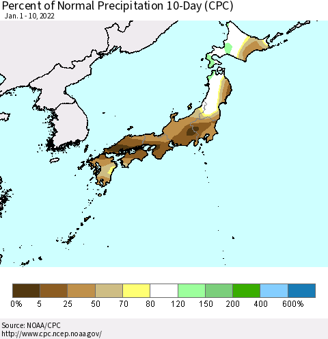 Japan Percent of Normal Precipitation 10-Day (CPC) Thematic Map For 1/1/2022 - 1/10/2022